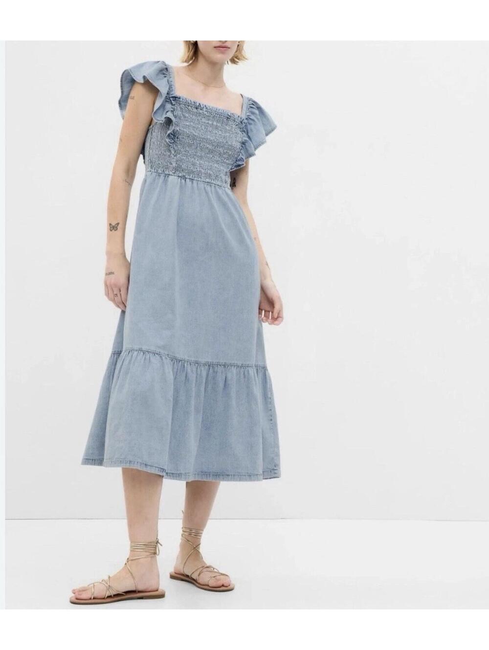 GAP Denim Dress Smocked Tiered Ruffle Flutter Sleeve Coastal Boho Western Small